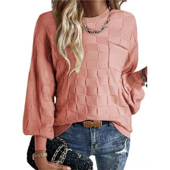 Womens Long Sleeve Sweaters Crewneck Loose Pullover Checkered Knit Sweaters - Picture 1 of 5